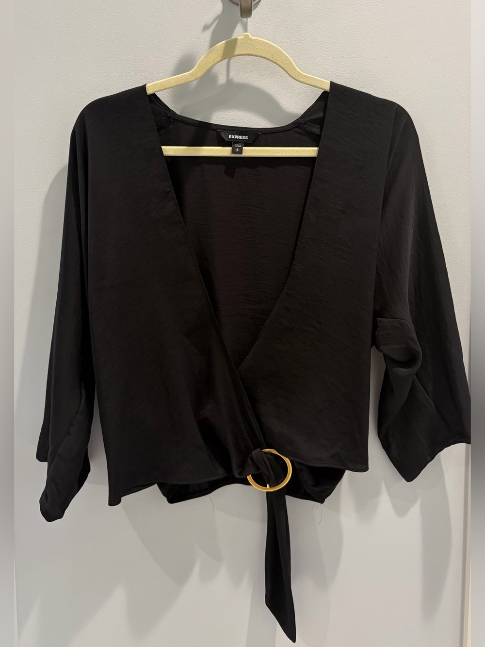 Express Black Wrap Blouse with Gold Ring Tie